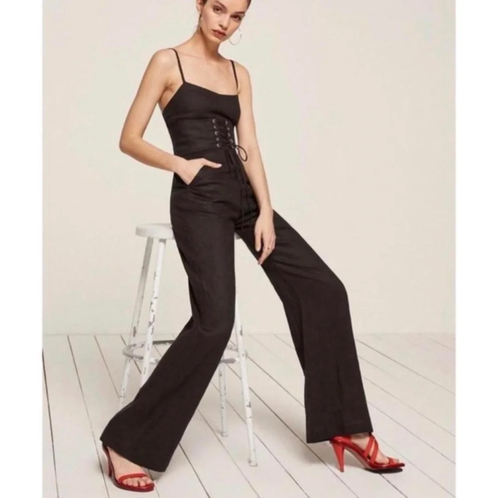Reformation Pace Black Linen Corset Wideleg Jumpsuit